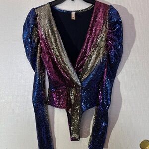 Blue and Silver Sequin Puff Sleeve Bodysuit